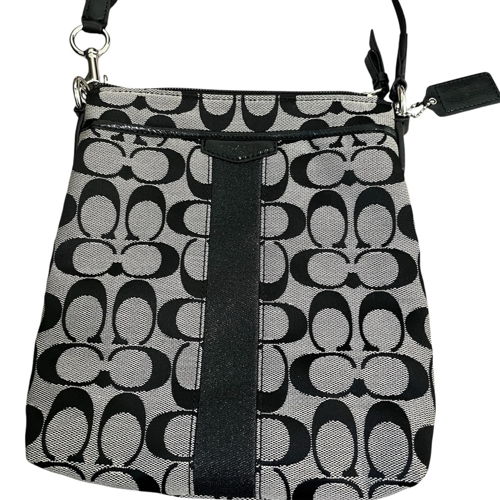 Coach F51157 Black Gray Leather Signature Logo Print Crossbody Strap Hand Bag